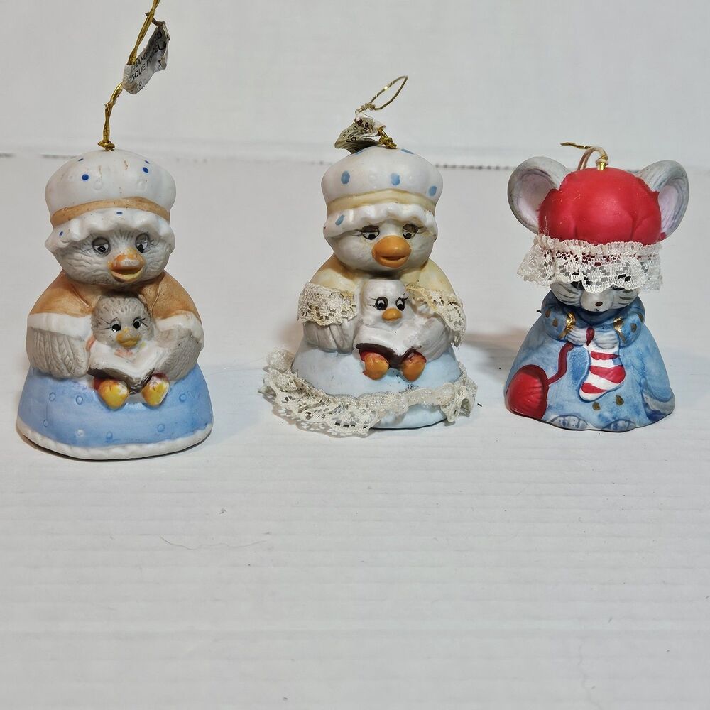 VTG JASCO Lil’ Chimers Set of 3 Critter Bell Ornaments Bisque Taiwan Mouse Duck
